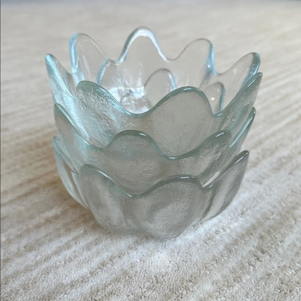 Set of 3 Vintage Blenko Clear Glass Lotus Bowls 8 Petal MCM 1960s